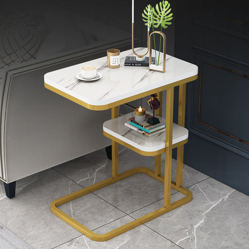 Modern Minimalist Rectangular Marble-Pattern MDF and Steel Side Table, 1/2-Tier Design for Living Room