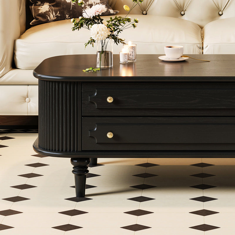Traditional French-Style Rectangular Ash Wood Coffee Table with 2 Drawers — Solid Wood and Multi-Layer Plywood Construction for Living Room