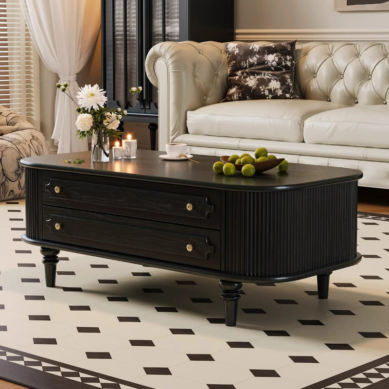 Traditional French-Style Rectangular Ash Wood Coffee Table with 2 Drawers — Solid Wood and Multi-Layer Plywood Construction for Living Room