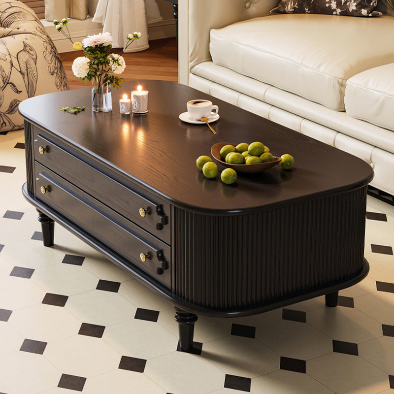 Traditional French-Style Rectangular Ash Wood Coffee Table with 2 Drawers — Solid Wood and Multi-Layer Plywood Construction for Living Room