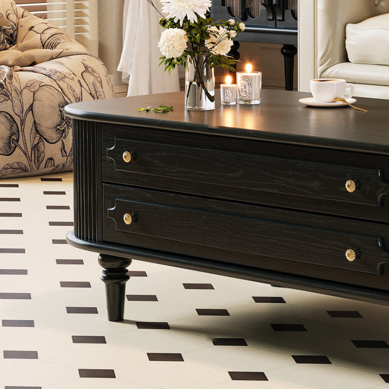 Traditional French-Style Rectangular Ash Wood Coffee Table with 2 Drawers — Solid Wood and Multi-Layer Plywood Construction for Living Room