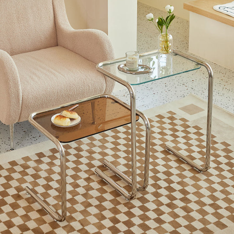 Modern Minimalist Rectangular Tempered-Glass Side Table with Iron Frame, 1-Tier for Living Room