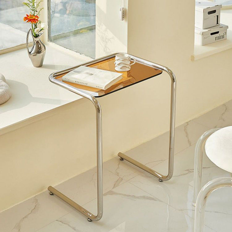 Modern Minimalist Rectangular Tempered-Glass Side Table with Iron Frame, 1-Tier for Living Room