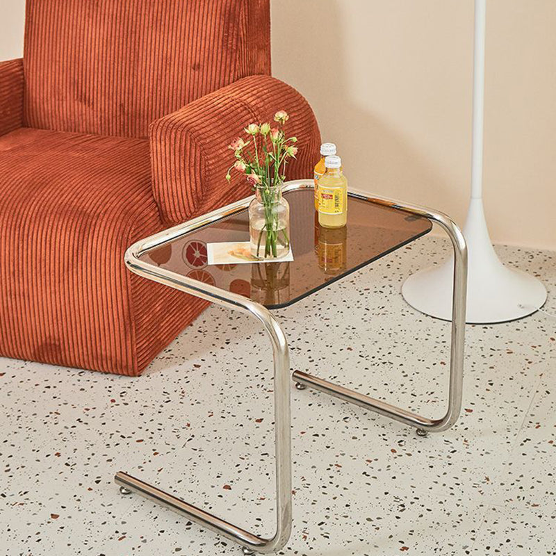 Modern Minimalist Rectangular Tempered-Glass Side Table with Iron Frame, 1-Tier for Living Room