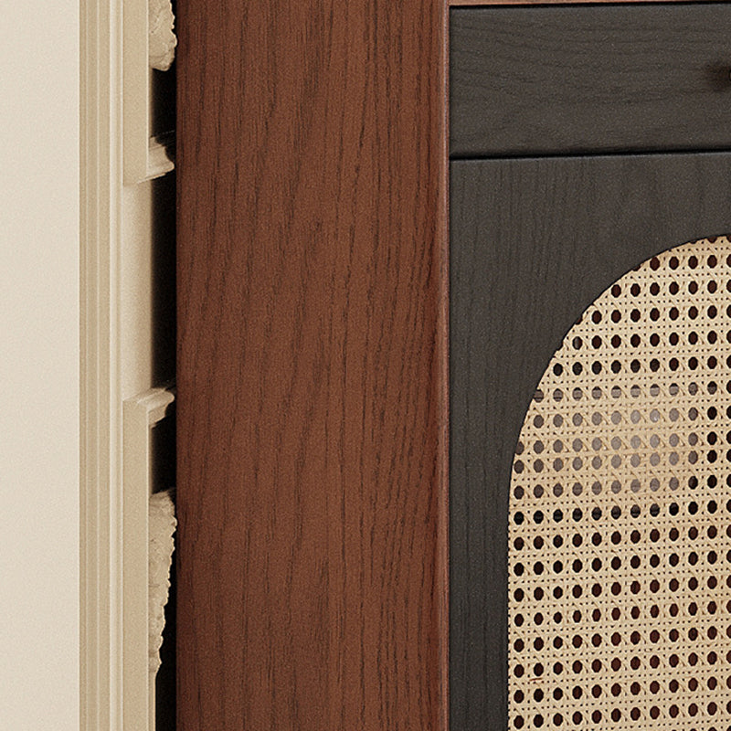 Traditional Japanese Corner Shelf Unit, Rectangular MDF and Rattan with Solid Wood Accents, 2 Cabinets for Living Room