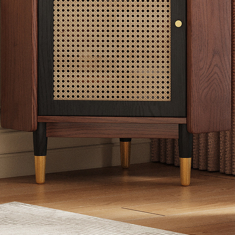 Traditional Japanese Corner Shelf Unit, Rectangular MDF and Rattan with Solid Wood Accents, 2 Cabinets for Living Room