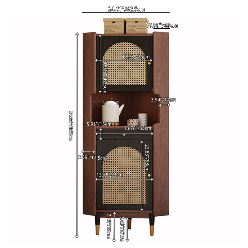 Traditional Japanese Corner Shelf Unit, Rectangular MDF and Rattan with Solid Wood Accents, 2 Cabinets for Living Room