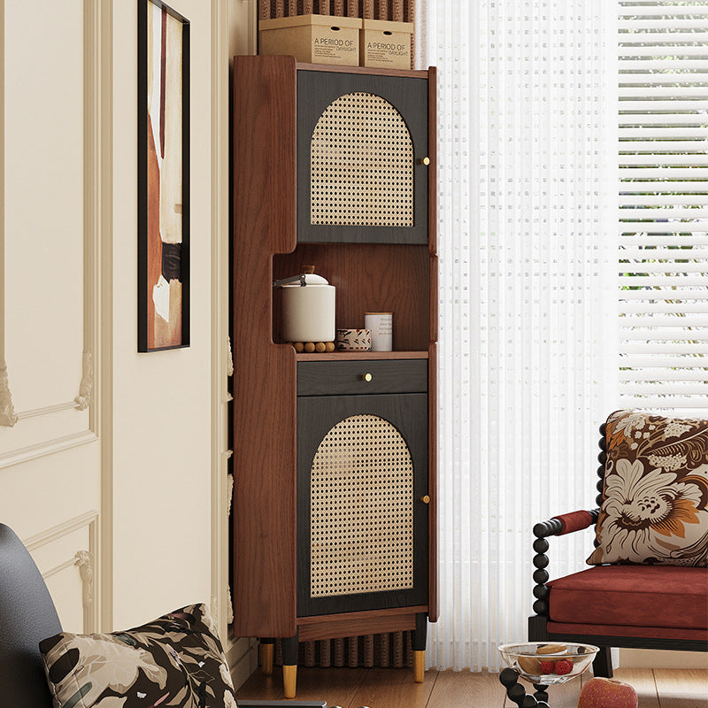 Traditional Japanese Corner Shelf Unit, Rectangular MDF and Rattan with Solid Wood Accents, 2 Cabinets for Living Room
