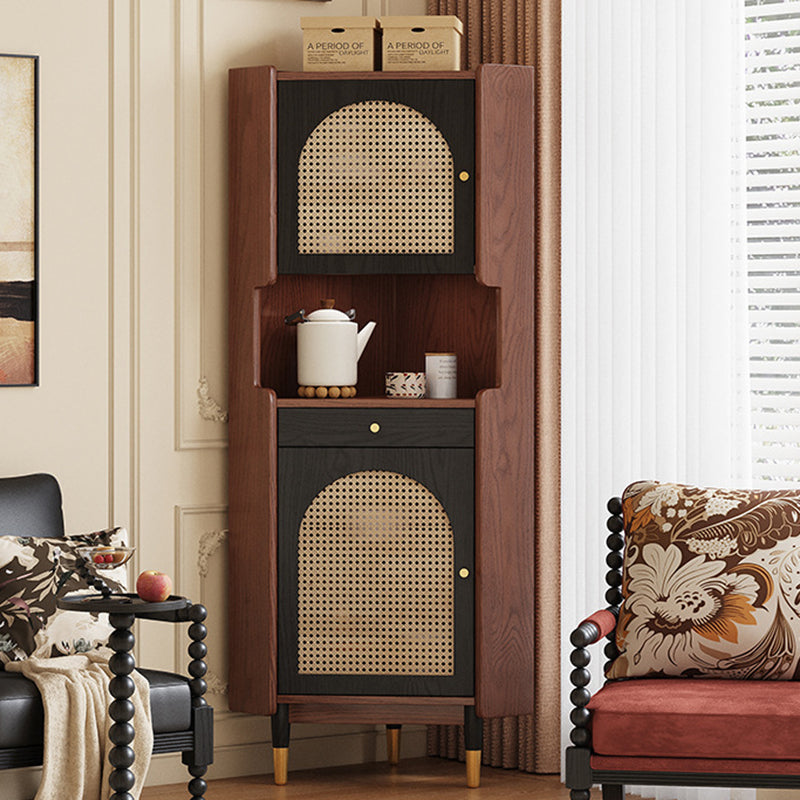 Traditional Japanese Corner Shelf Unit, Rectangular MDF and Rattan with Solid Wood Accents, 2 Cabinets for Living Room
