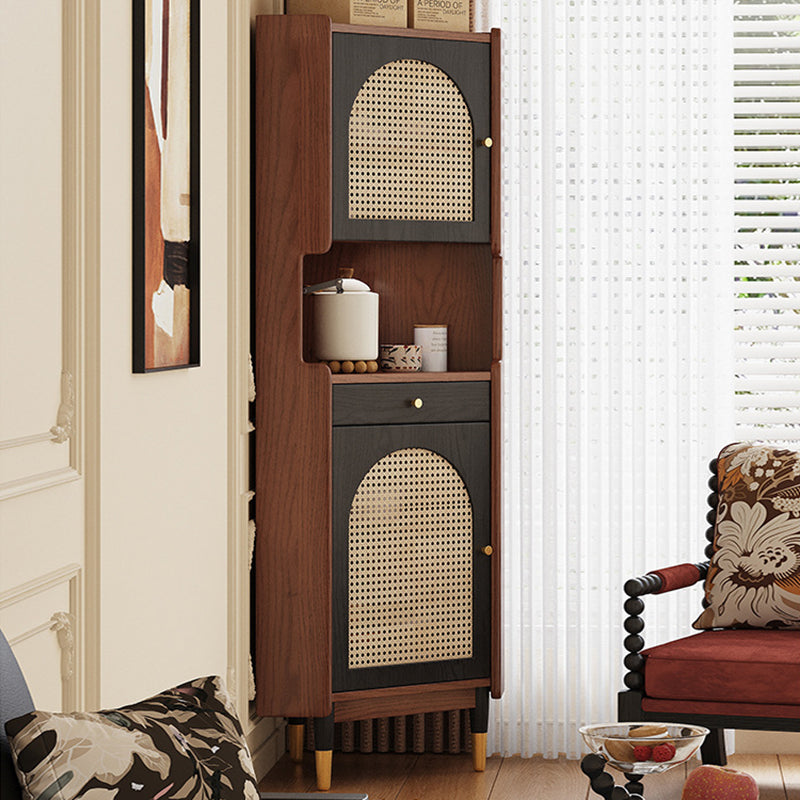 Traditional Japanese Corner Shelf Unit, Rectangular MDF and Rattan with Solid Wood Accents, 2 Cabinets for Living Room