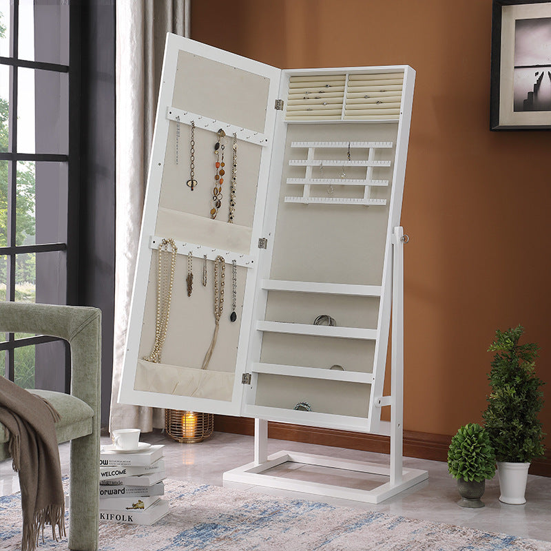 Traditional Chinese Rectangular Solid Wood Jewelry Storage Cabinet with Glass Panel, MDF Construction, and Full-Length Mirror for Bedroom