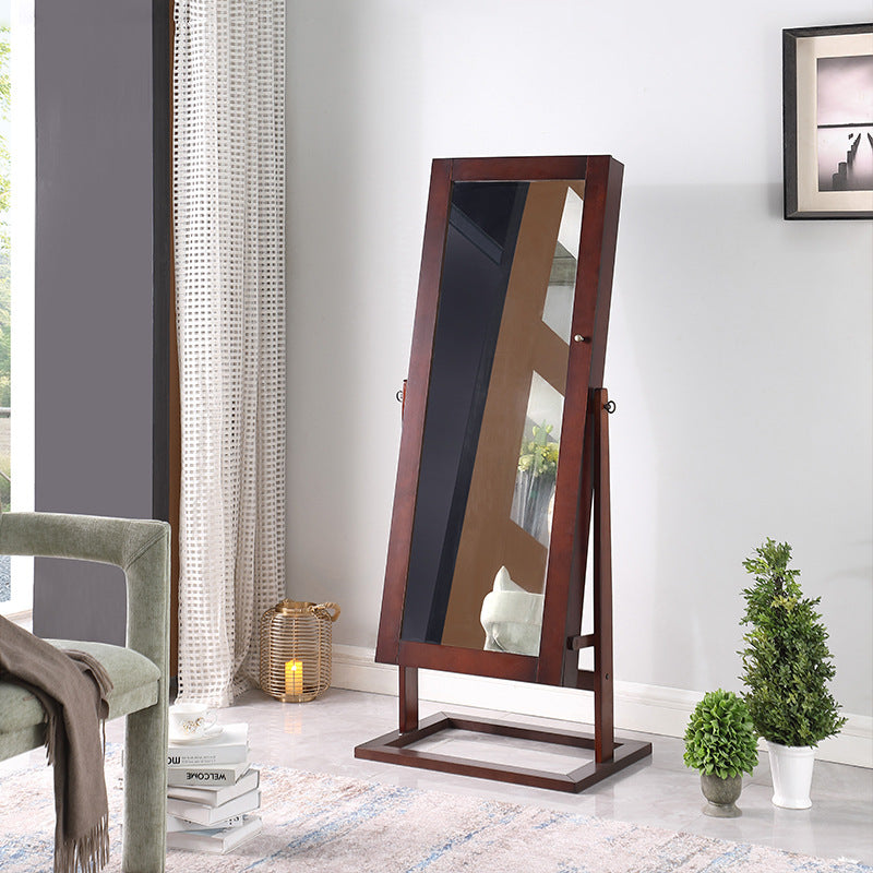 Traditional Chinese Rectangular Solid Wood Jewelry Storage Cabinet with Glass Panel, MDF Construction, and Full-Length Mirror for Bedroom