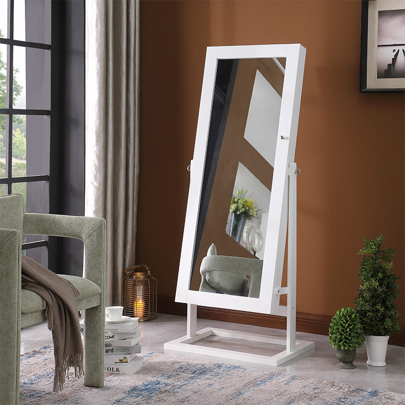 Traditional Chinese Rectangular Solid Wood Jewelry Storage Cabinet with Glass Panel, MDF Construction, and Full-Length Mirror for Bedroom