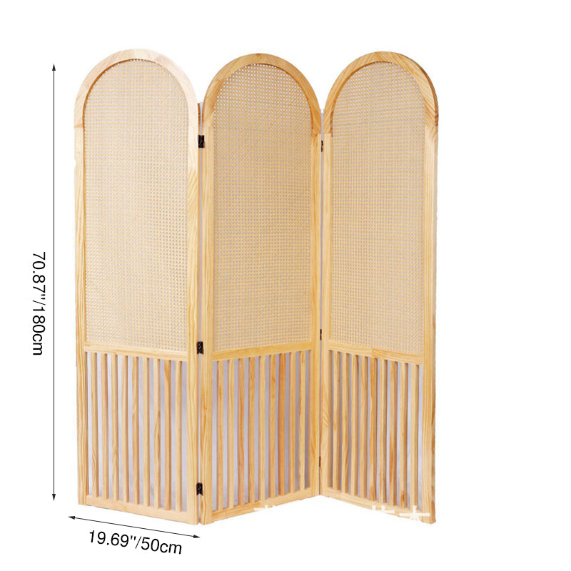 Traditional French-Arched Pine Wood Room Divider with Plastic Rattan Panels for Living Room