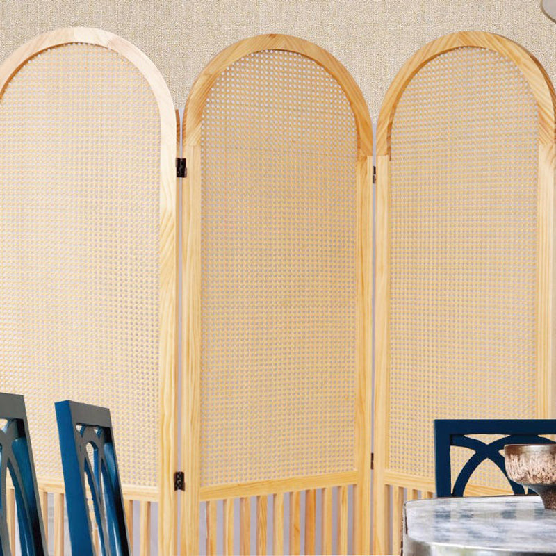 Traditional French-Arched Pine Wood Room Divider with Plastic Rattan Panels for Living Room