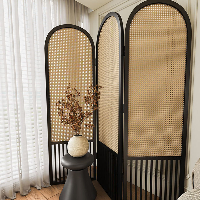 Traditional French-Arched Pine Wood Room Divider with Plastic Rattan Panels for Living Room