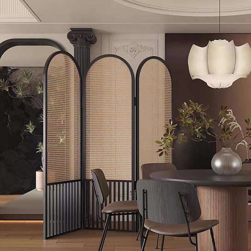 Traditional French-Arched Pine Wood Room Divider with Plastic Rattan Panels for Living Room