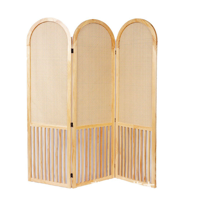 Traditional French-Arched Pine Wood Room Divider with Plastic Rattan Panels for Living Room