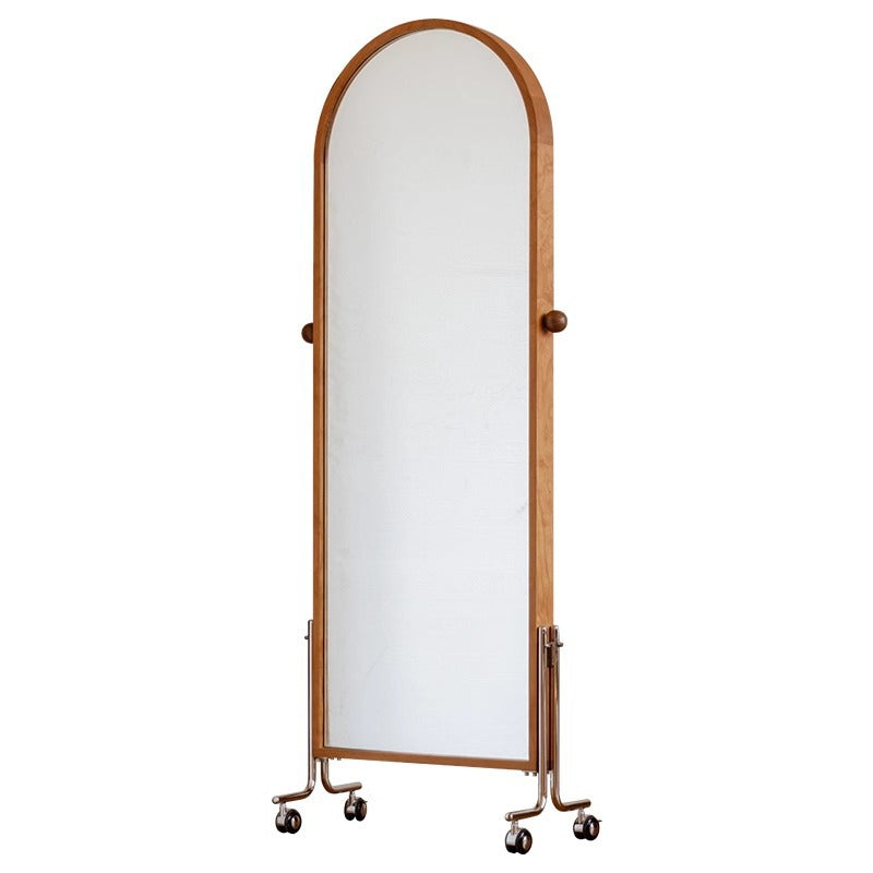 Modern Minimalist Arched Full-Length Mirror with Stainless Steel Frame, North American Cherry Wood & Black Walnut Accents, Multi-Layer Plywood Glass, 4-Tier Design for Bedroom