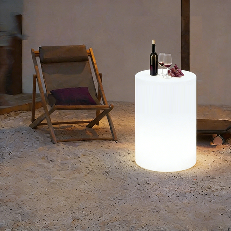 Modern Minimalist Cylindrical PE Outdoor LED Coffee Table - Waterproof, Remote-Controlled, Illuminated, 1-Tier for Patio