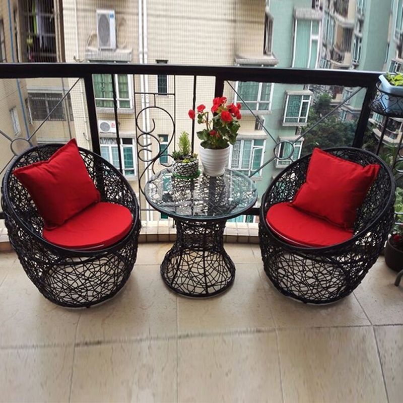 Modern Minimalist Curved Iron Patio Dining Set with PE Rattan and Tempered Glass – Outdoor 1-Tier Design