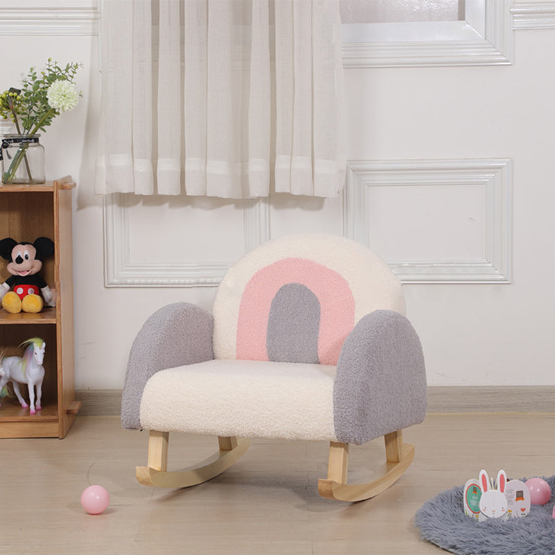 Modern Rainbow Teddy Plush Rocking Chair for Kids — Solid Wood, Backrest & Armrests, Ideal for Living Room