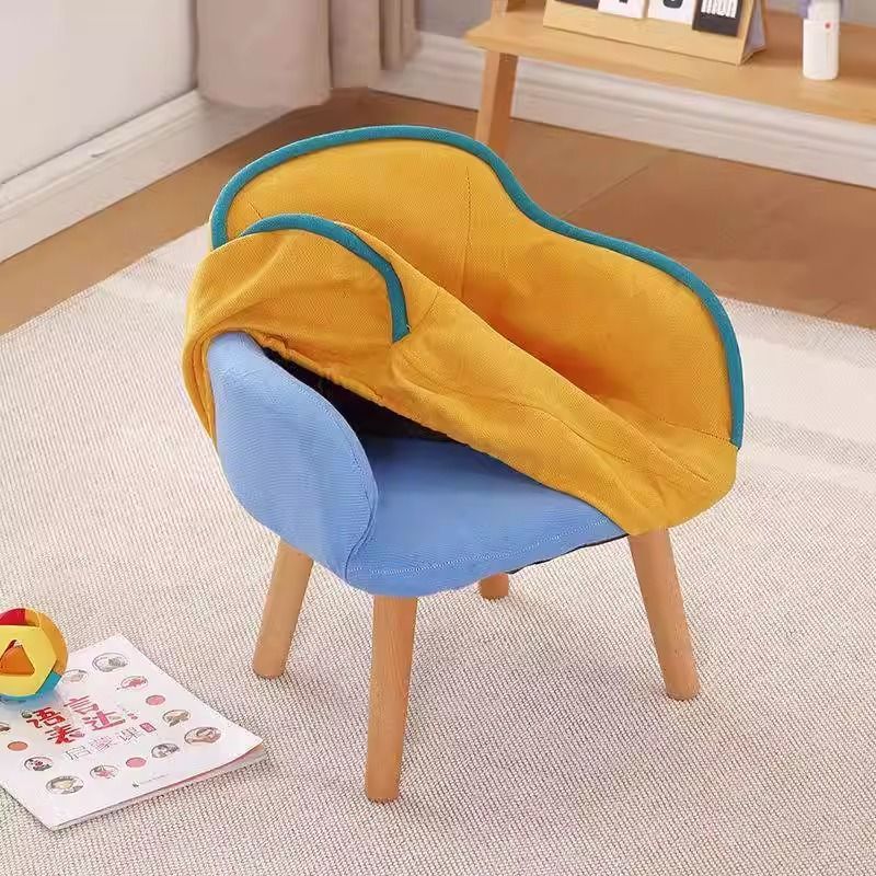 Contemporary Curved Kids' Linen-Cotton Accent Chair with Solid Wood Frame, Backrest and Armrests for Living Room