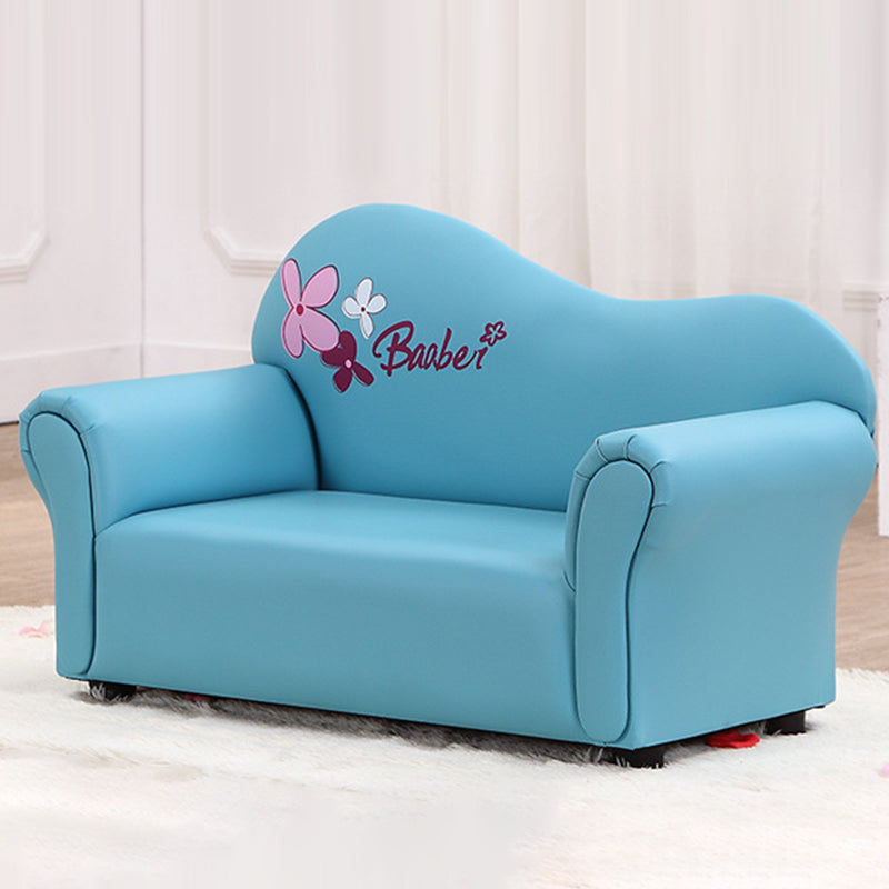 Modern Minimalist Kids Sofa – Rectangular Design with Curved Solid Wood Frame, PU Leather Upholstery, Backrest & Armrests for Living Room