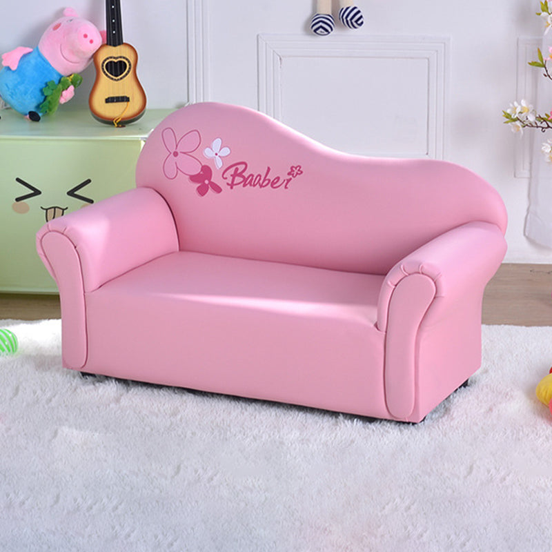 Modern Minimalist Kids Sofa – Rectangular Design with Curved Solid Wood Frame, PU Leather Upholstery, Backrest & Armrests for Living Room