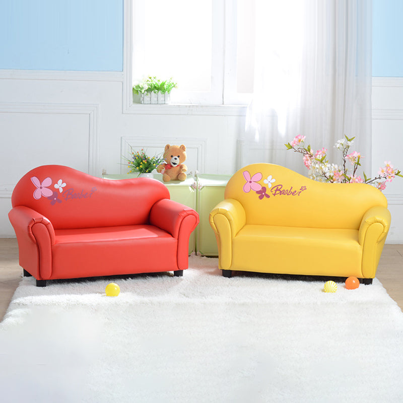 Modern Minimalist Kids Sofa – Rectangular Design with Curved Solid Wood Frame, PU Leather Upholstery, Backrest & Armrests for Living Room