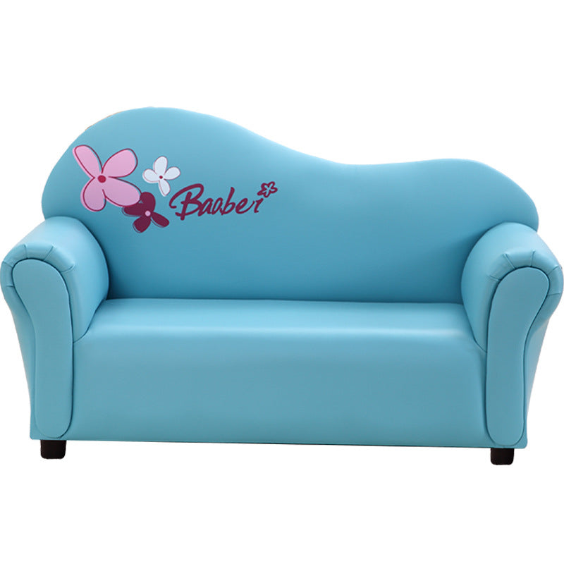 Modern Minimalist Kids Sofa – Rectangular Design with Curved Solid Wood Frame, PU Leather Upholstery, Backrest & Armrests for Living Room