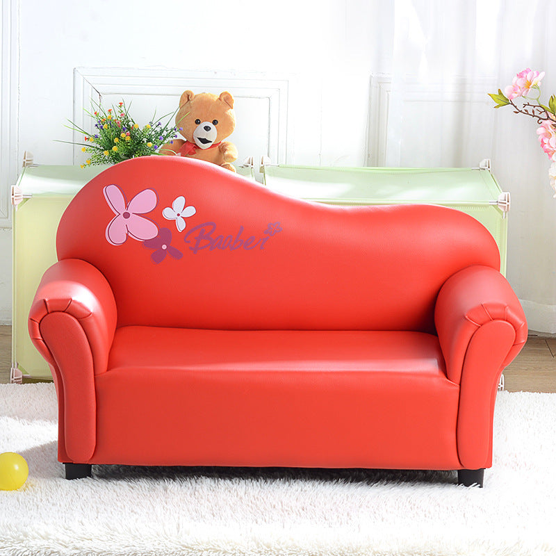 Modern Minimalist Kids Sofa – Rectangular Design with Curved Solid Wood Frame, PU Leather Upholstery, Backrest & Armrests for Living Room