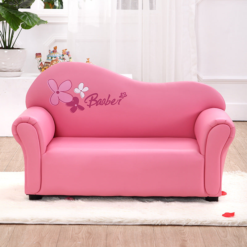 Modern Minimalist Kids Sofa – Rectangular Design with Curved Solid Wood Frame, PU Leather Upholstery, Backrest & Armrests for Living Room