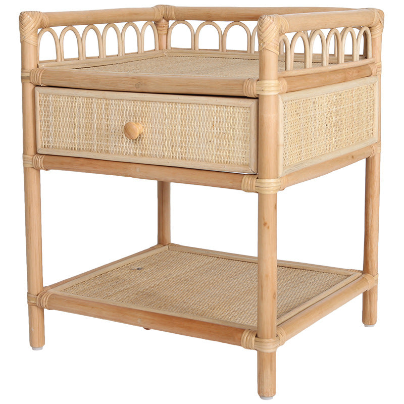 Contemporary Coastal Natural Rattan Nightstand — Handwoven Indonesian Rattan, Rectangular Nightstand with Curved Front Drawer and Open Shelf
