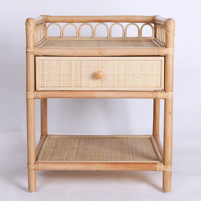 Contemporary Coastal Natural Rattan Nightstand — Handwoven Indonesian Rattan, Rectangular Nightstand with Curved Front Drawer and Open Shelf