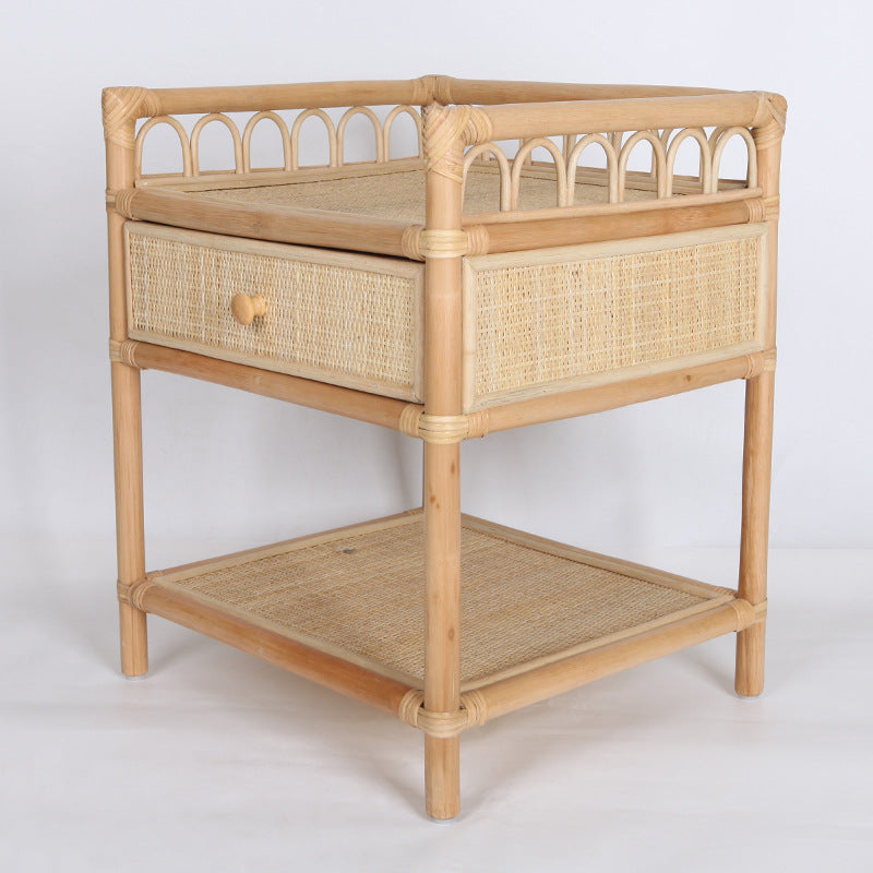 Contemporary Coastal Natural Rattan Nightstand — Handwoven Indonesian Rattan, Rectangular Nightstand with Curved Front Drawer and Open Shelf