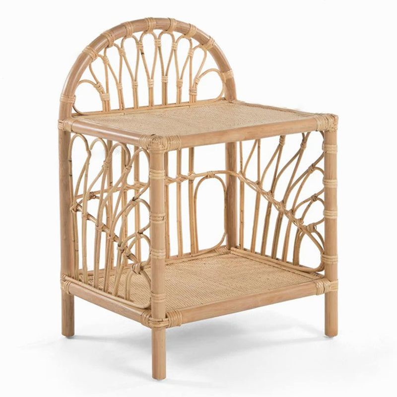 Contemporary Coastal Rattan Side Table — Handwoven in Indonesia, Natural Finish, Curved Design with V-Pattern Weave, End Table for Living Room