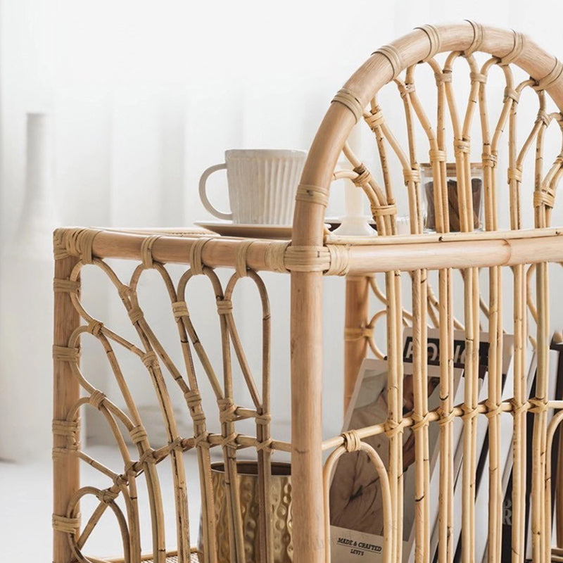 Contemporary Coastal Rattan Side Table — Handwoven in Indonesia, Natural Finish, Curved Design with V-Pattern Weave, End Table for Living Room