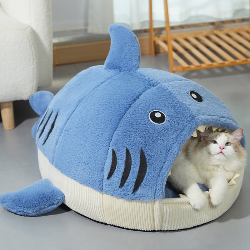 Modern Whimsy Little Shark-Shaped Cat & Dog Bed with Rabbit Fur and PP Cotton – Cozy Bedroom Pet Bed