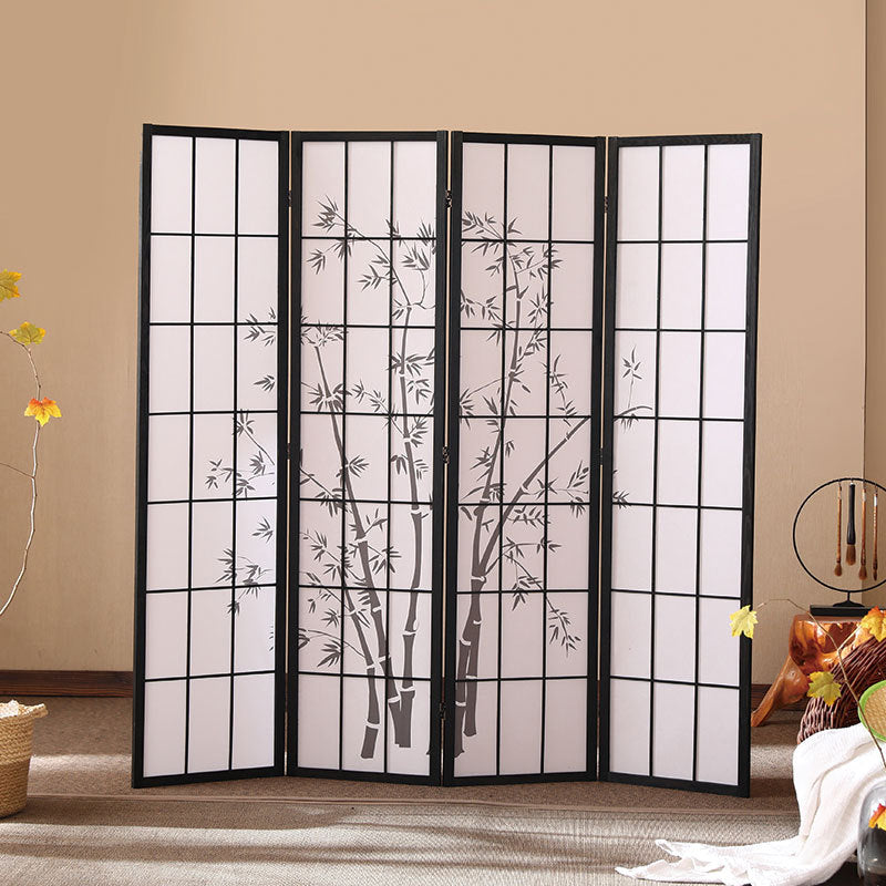 Traditional Japanese Rectangular Room Divider - Foldable Pine Wood Grid Screen with Non-Woven Fabric for Living Room