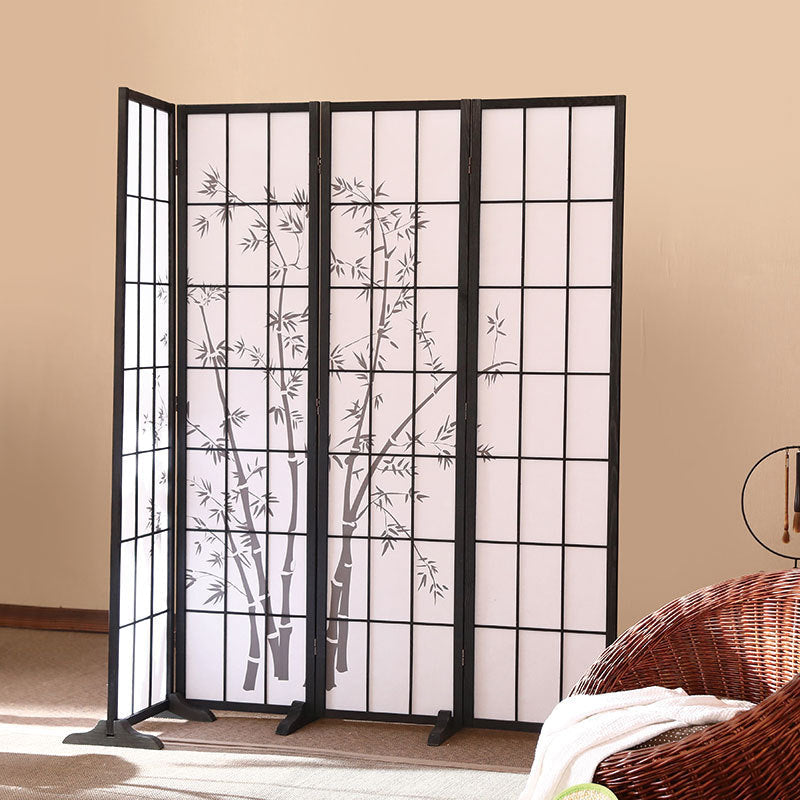 Traditional Japanese Rectangular Room Divider - Foldable Pine Wood Grid Screen with Non-Woven Fabric for Living Room
