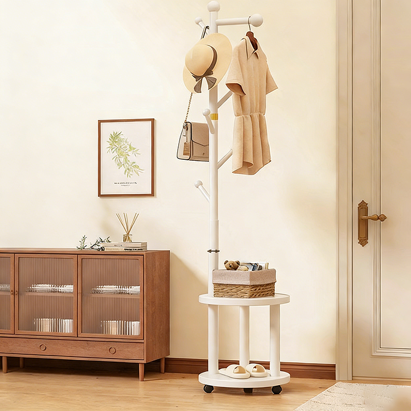Modern Minimalist Movable Hall Tree – Cylindrical Tree-Branch Design in Pine Wood & Medium-Density Fiberboard, 2-Tier Organizer for Bedroom & Entryways