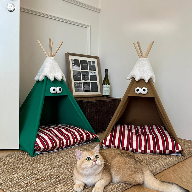 Modern Triangle Pet Bed in Washed Cotton and Crystal Velvet with Non-Slip Fabric and Solid Wood Frame – Cozy Dog and Cat Bed for the Bedroom