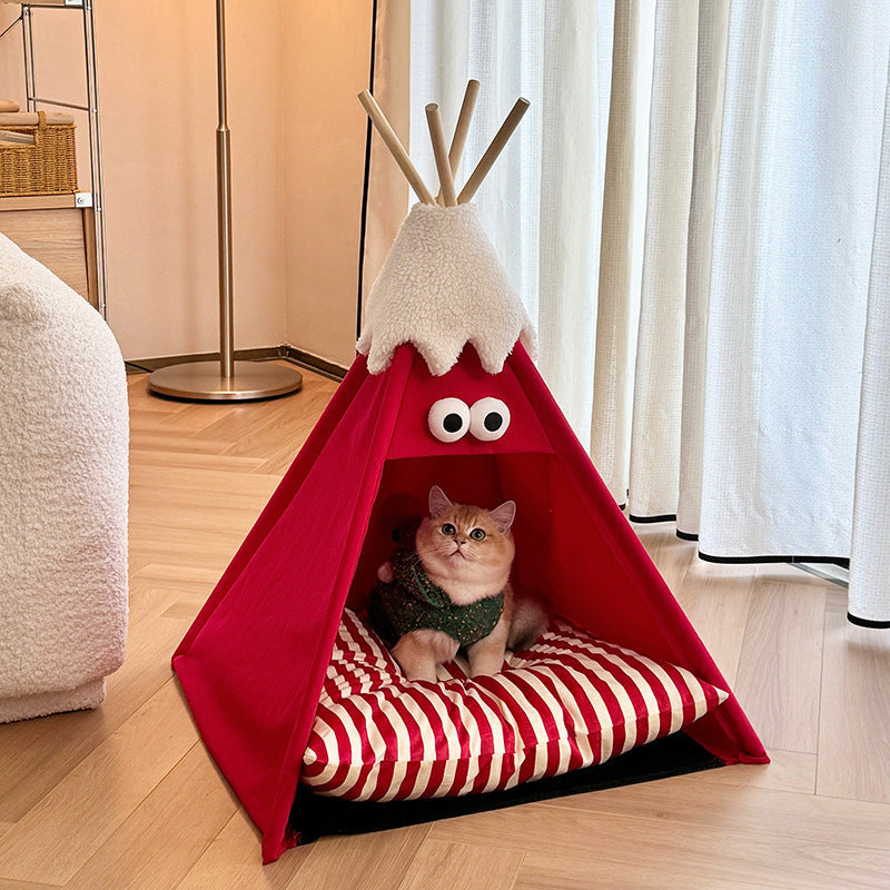 Modern Triangle Pet Bed in Washed Cotton and Crystal Velvet with Non-Slip Fabric and Solid Wood Frame – Cozy Dog and Cat Bed for the Bedroom