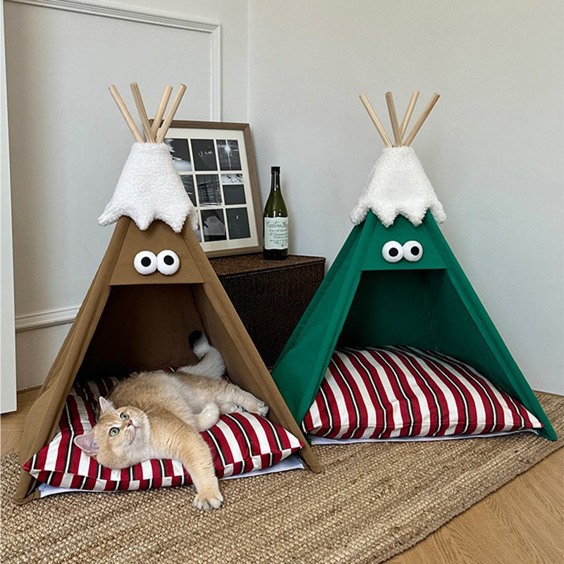 Modern Triangle Pet Bed in Washed Cotton and Crystal Velvet with Non-Slip Fabric and Solid Wood Frame – Cozy Dog and Cat Bed for the Bedroom