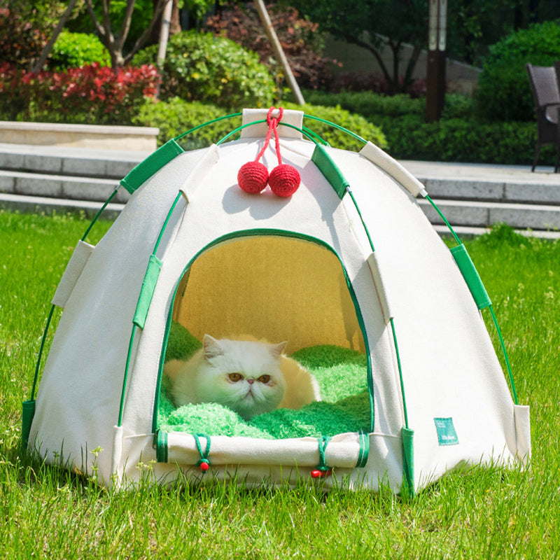 Modern Cylindrical Canvas Cat Tent with Plush Fabric, Hemp Rope Accent, and Fiberglass Pole – Cozy Bedroom Pet Bed