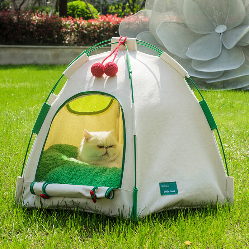 Modern Cylindrical Canvas Cat Tent with Plush Fabric, Hemp Rope Accent, and Fiberglass Pole – Cozy Bedroom Pet Bed