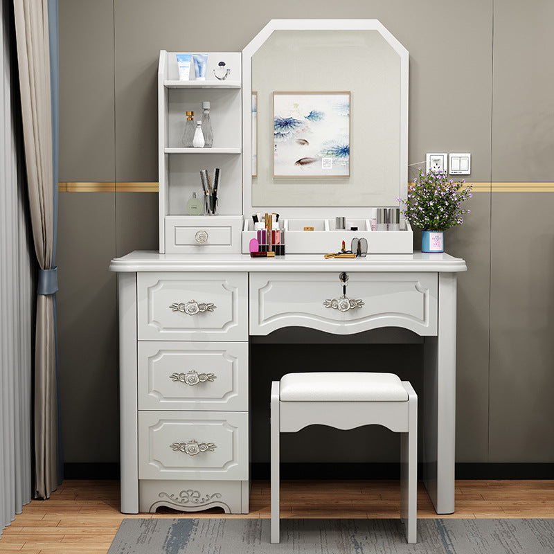 Contemporary Luxury Glass-Top MDF Vanity Table with 5 Drawers – Rectangular Makeup Vanity for Bedroom