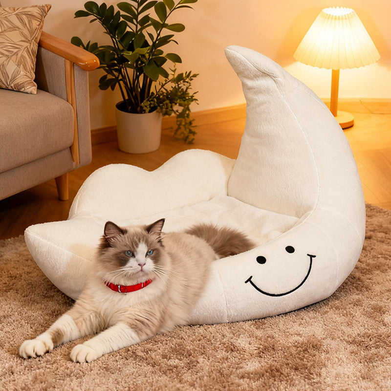Contemporary Velvet Moon-Shaped Pet Bed for Cats and Dogs — Curved Design with Plush Sponge Cushion, Perfect for the Bedroom
