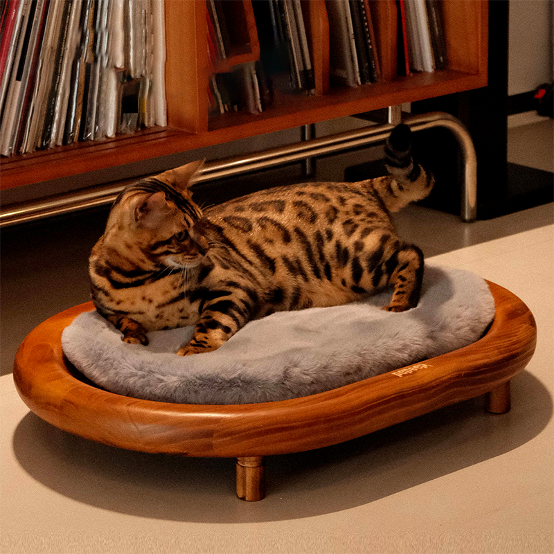 Modern Minimalist Oval Solid Wood Velvet Pet Bed with Cat Claw Leather Accents for Cats and Dogs, Bedroom-Ready